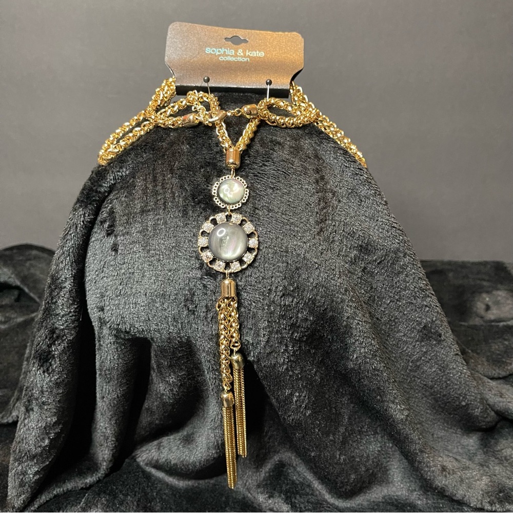Long Gold Necklace with Black and Silver Accents - Picture 5 of 6